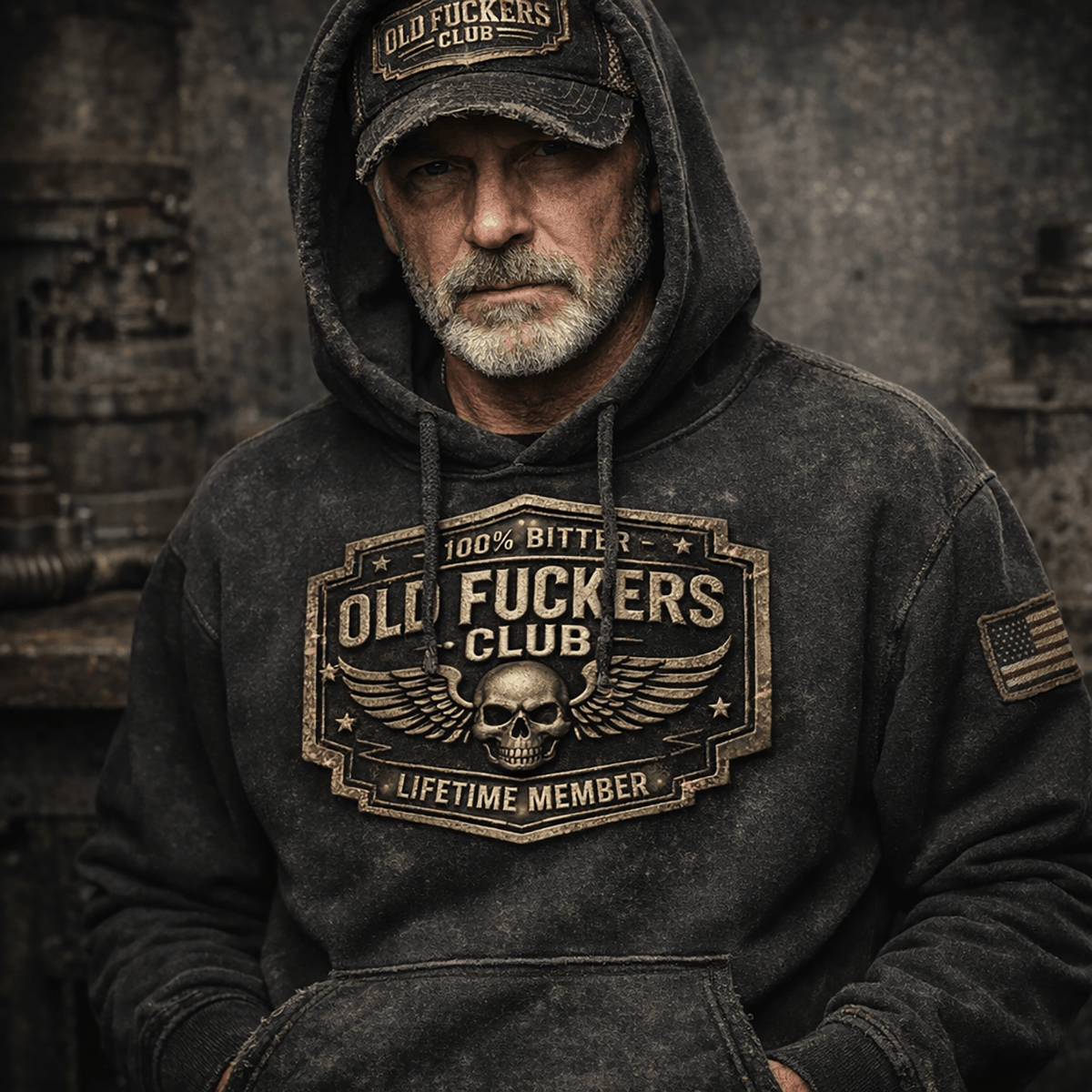 Old Fuckers Club Lifetime Member Printed Hoodie, Vintage Skull Biker Hoodie Print, Funny Old Man Humor for Men, Father’s Day Gift for Dad