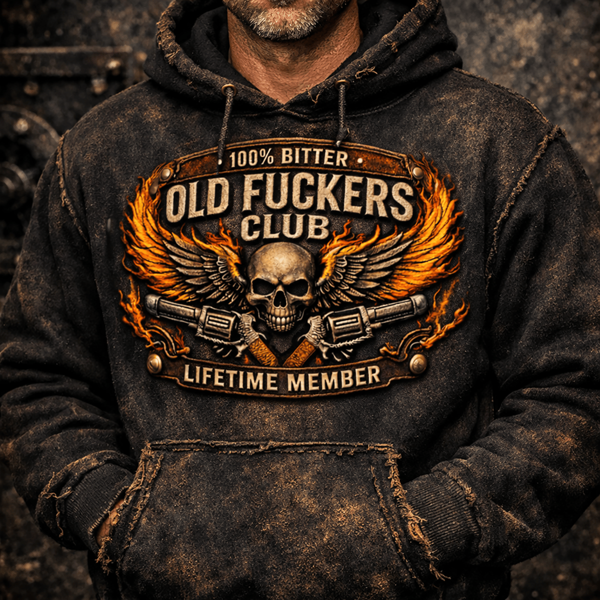 Bitter Old Fckers Club Lifetime Member Skull Wings Printed Hoodie Funny Biker Style Apparel Gift for Dad Father’s Day Rebel Hoodie
