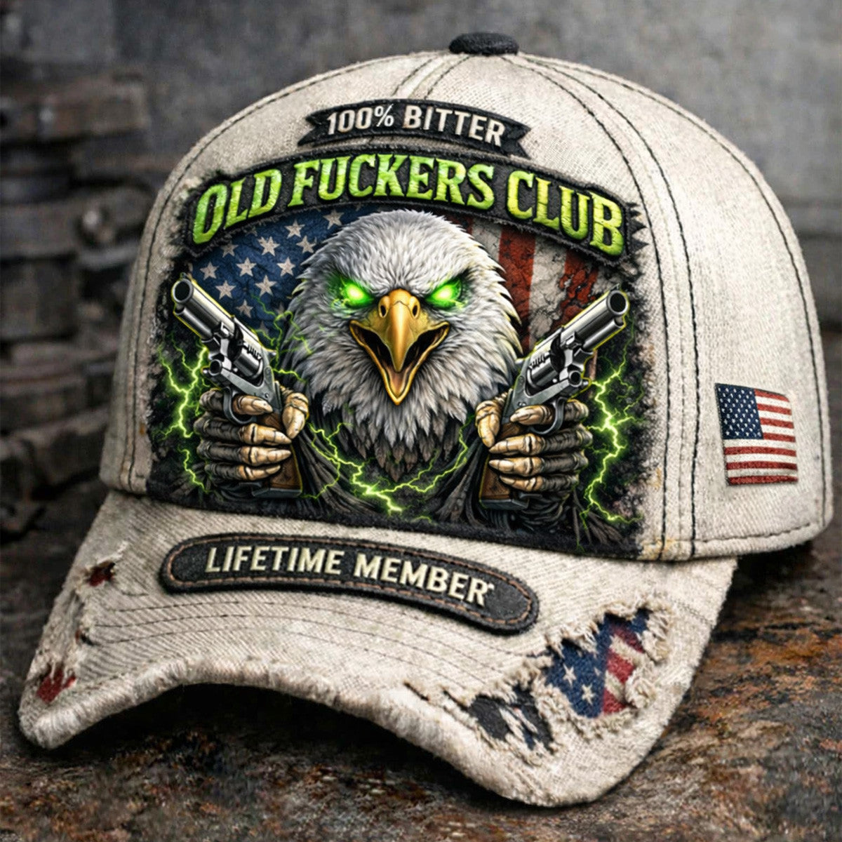 Old Fckers Club Eagle Guns Printed Cap Lifetime Member Biker Hat Vintage American Flag Father’s Day Gift for Dad Patriotic