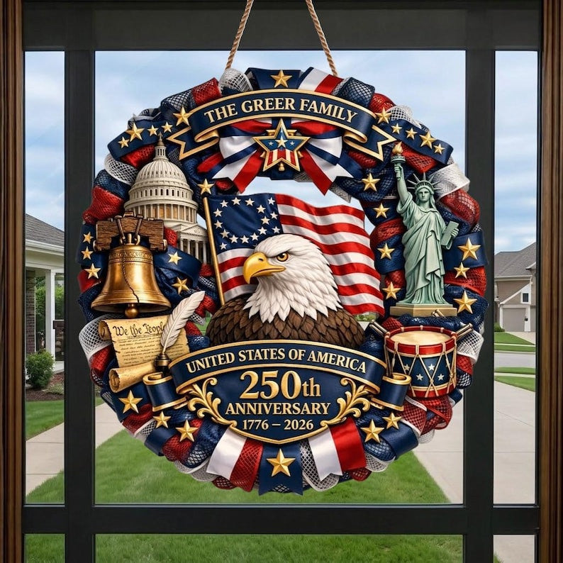Patriotic Wreath 250th Anniversary 1776-2026, Semiquincentennial American Eagle Front Door Decor, USA Patriotic Door Hanger