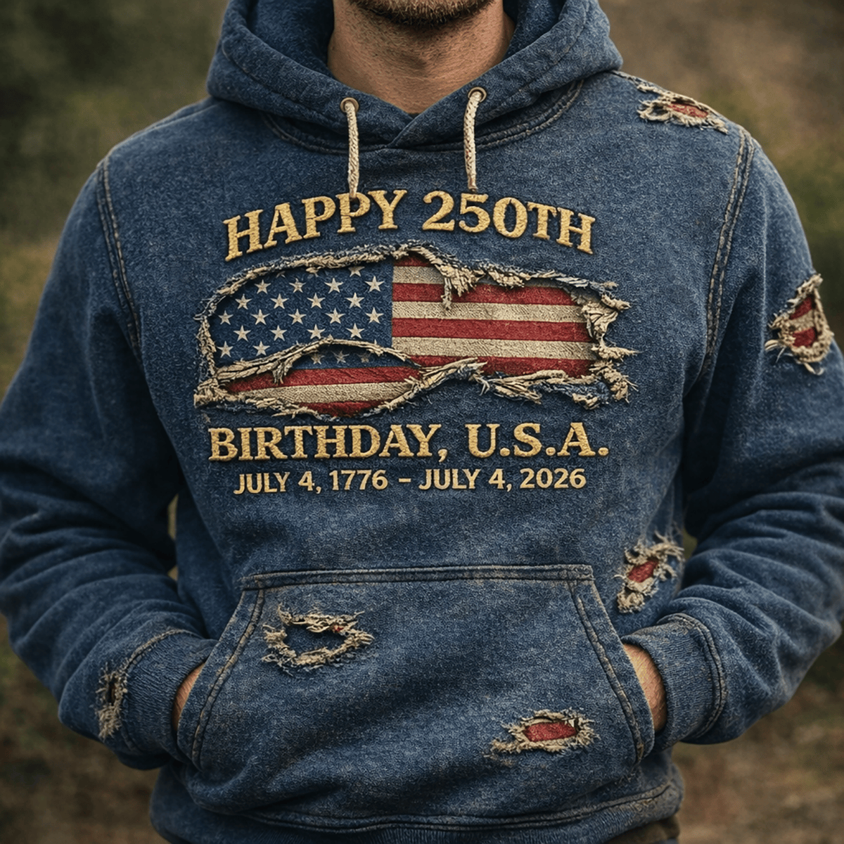 Happy 250th Birthday USA Printed Hoodie, Patriotic American Flag Distressed Graphic, July 4 1776–2026 Independence Day Father’s Day Gift