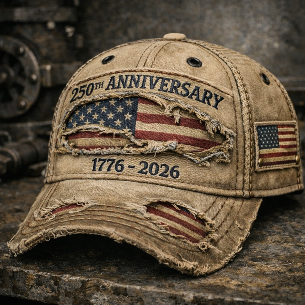 250th Anniversary USA 1776–2026 Printed Cap, Distressed American Flag Patriotic Hat, Independence Day 2026 Gift, Vintage USA Freedom Cap