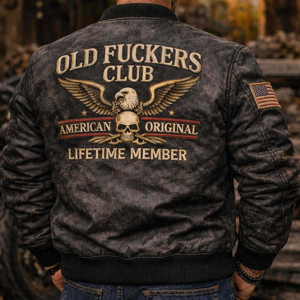 Old Fckers Club Eagle Skull Printed Bomber Jacket, American Original Lifetime Member Biker Style Jacket, Motorcycle Rider Gift for Dad