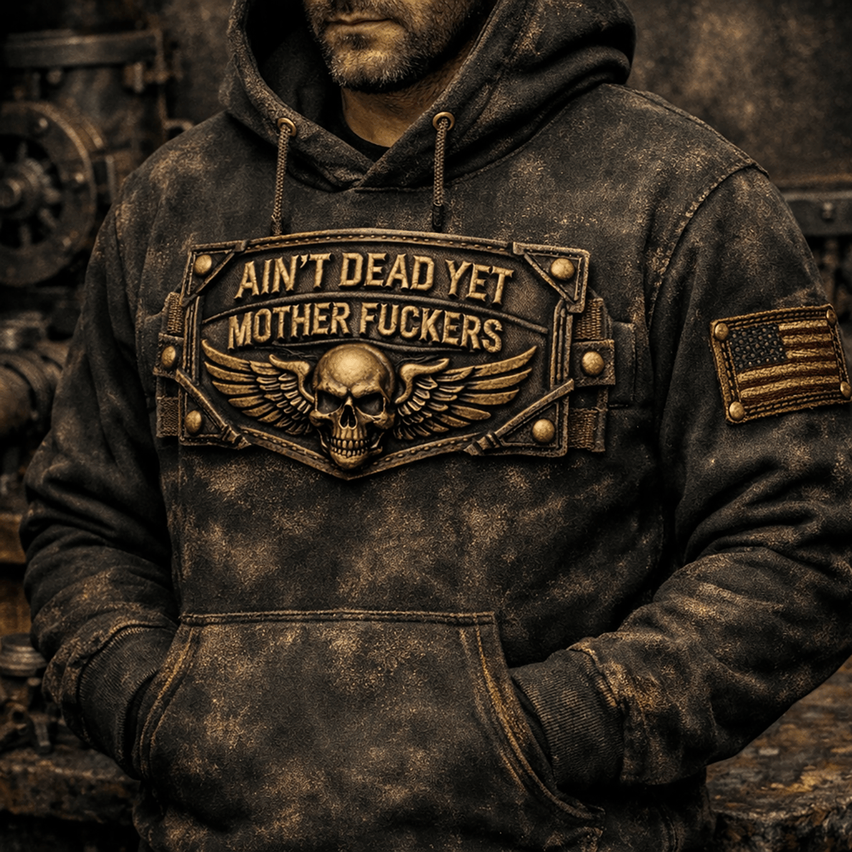 Skull Wing Graphic Printed Camouflage Hoodie Ain’t Dead Yet Biker Style, Patriotic USA Flag Streetwear, Father’s Day Gift for Dad