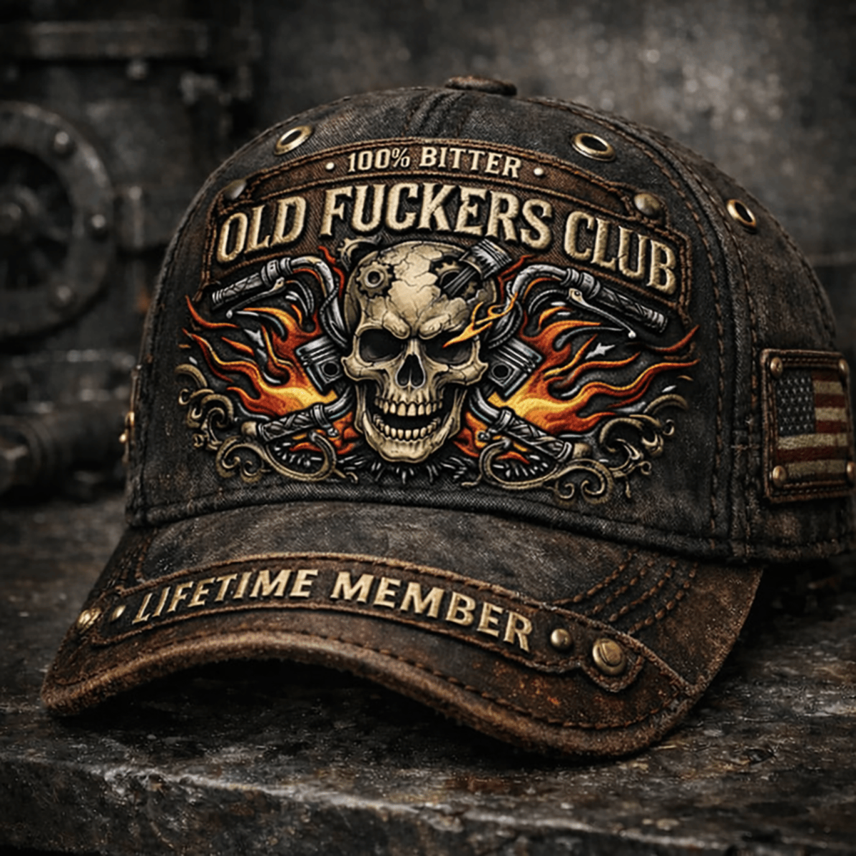 Old Fuckers Club Lifetime Member Printed Vintage Skull Biker Cap, Distressed Patriotic USA Flag Hat, Funny Gift for Dad, Father’s Day Biker Hat