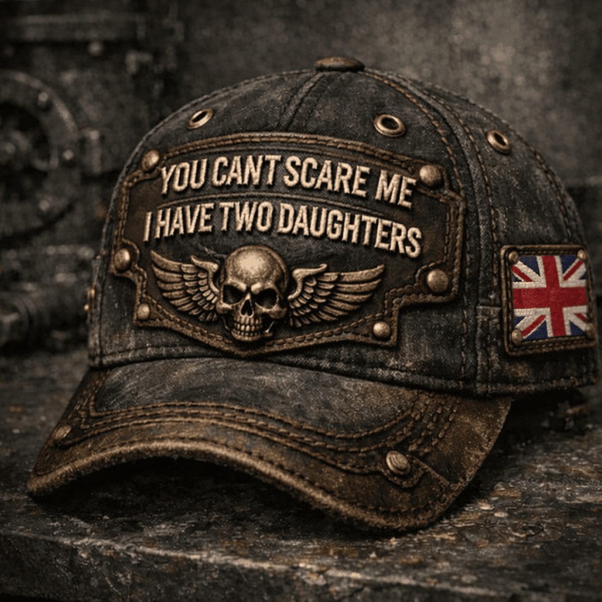 You Can’t Scare Me I Have Two Daughters Printed Hat, Funny Dad Cap UK Flag, Gift for Father of Girls, Father’s Day Vintage Hat