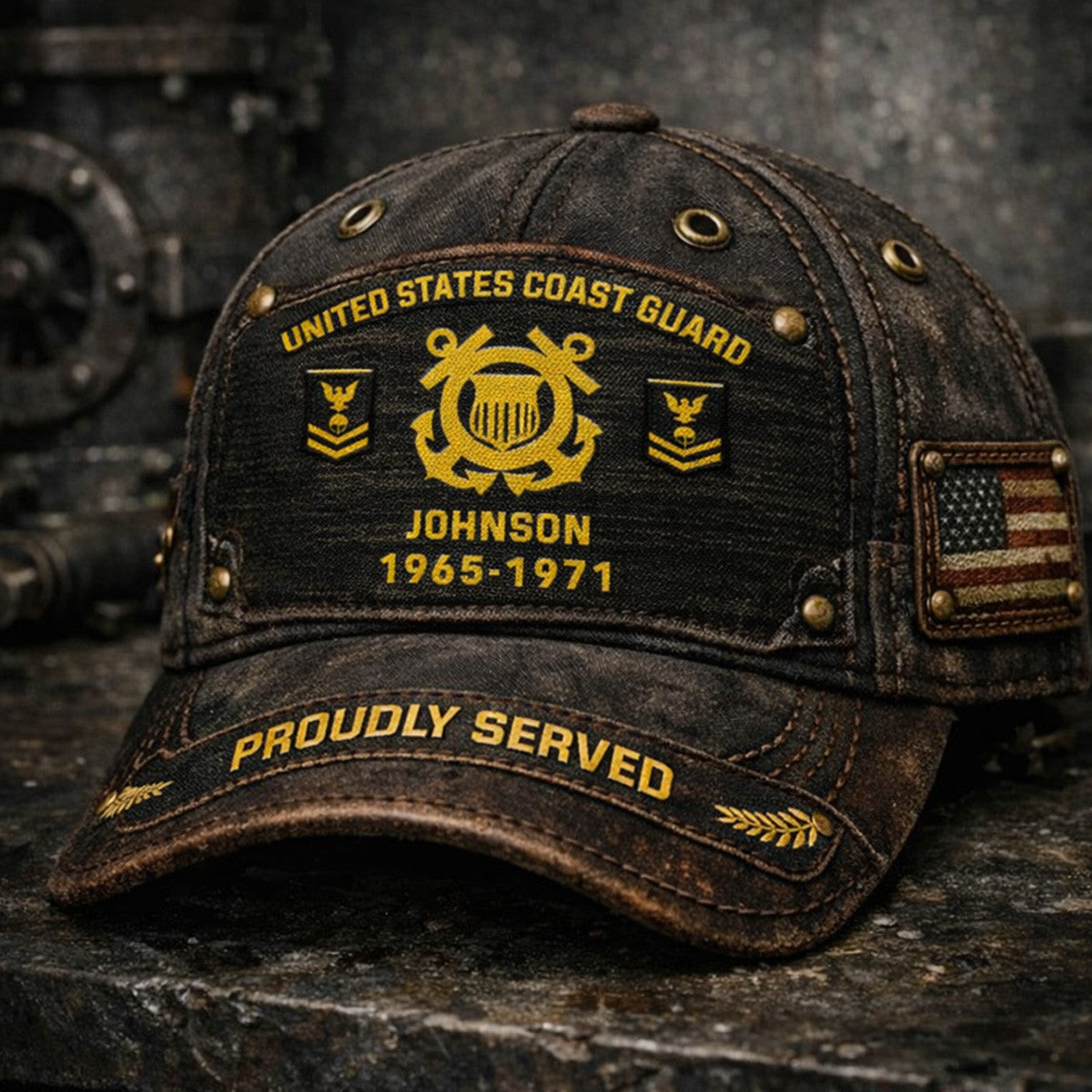 United States Coast Guard Proudly Served 1965 1971 Print Hat Veteran Dad Gift Father Day Custom Name Military Style Cap Quote Gift for Father
