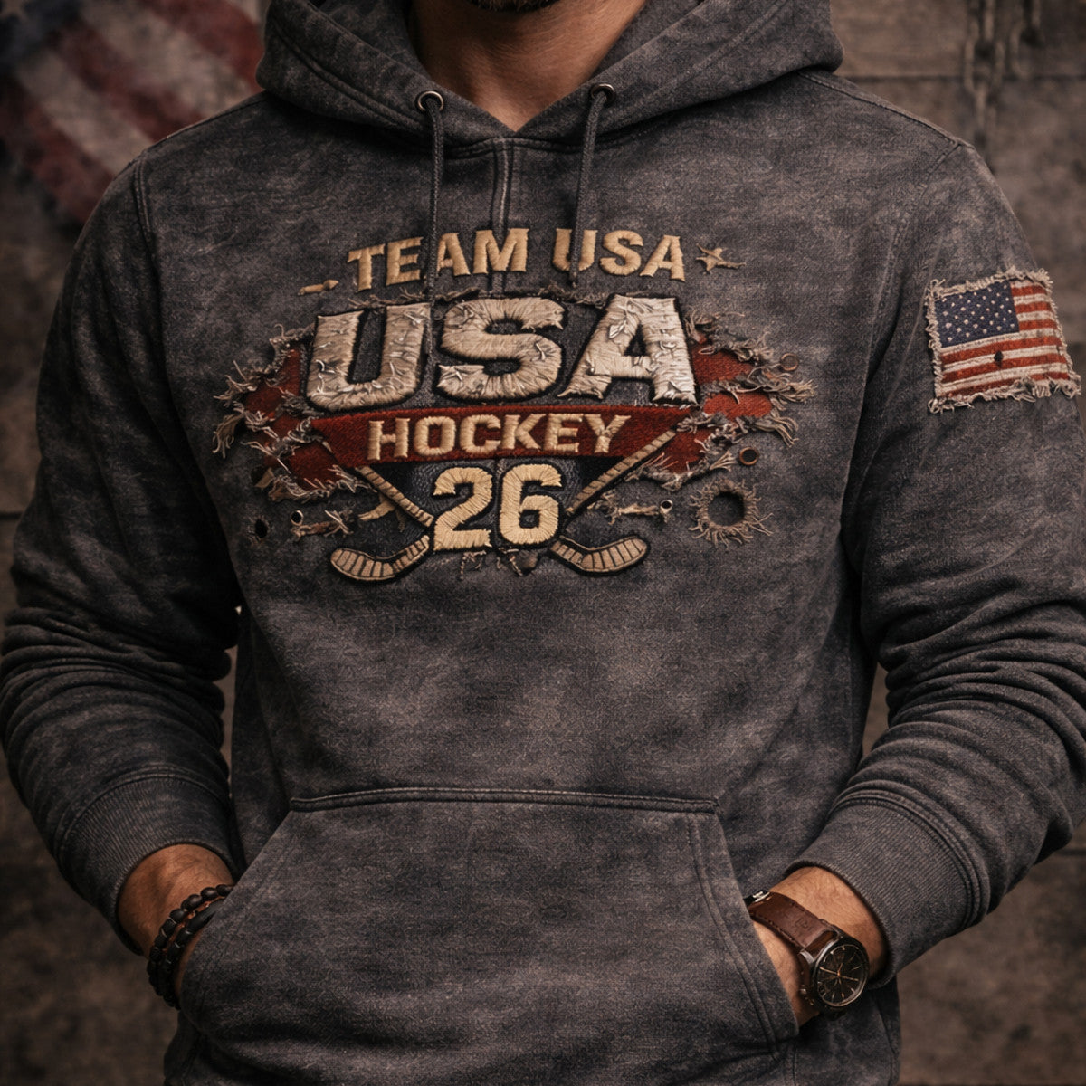 Team USA Hockey 2026 Print Hoodie Patriotic American Flag Design Vintage Style Gift For Dad Veteran Hockey