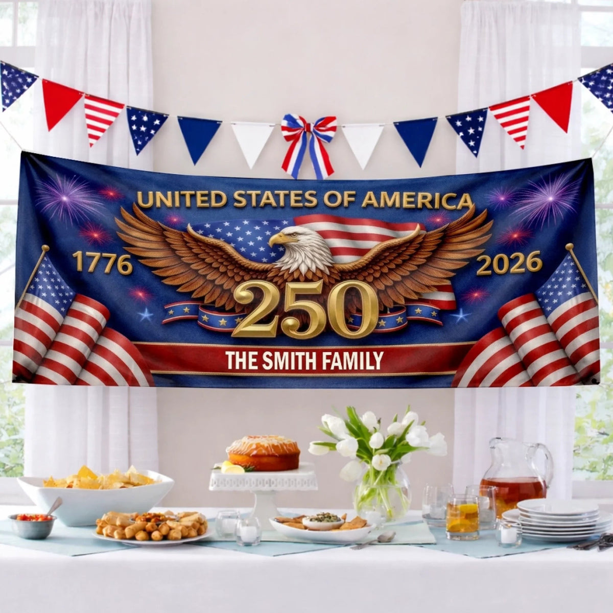 250 Years Of Freedom 1776–2026 Fence Banner United States Of America Eagle Flag Patriotic Design Personalized Family Name Independence Day Decoration