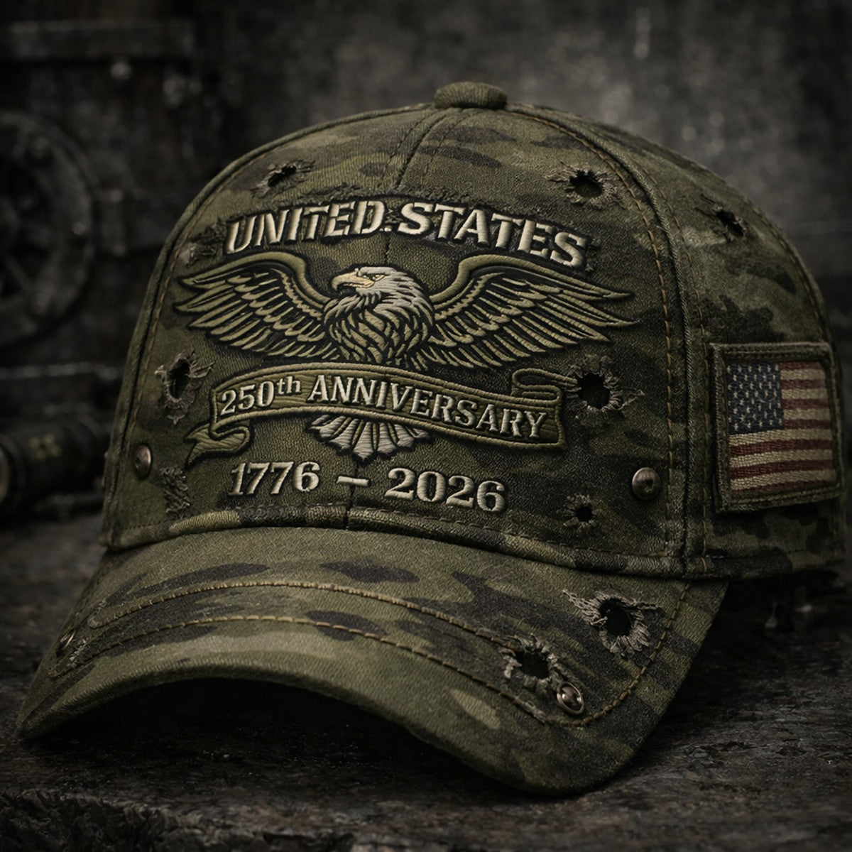 United States 250th Anniversary 1776 2026 Distressed Eagle Print Cap Vintage Camo Texture USA Flag Patch Gift For Father Day Dad