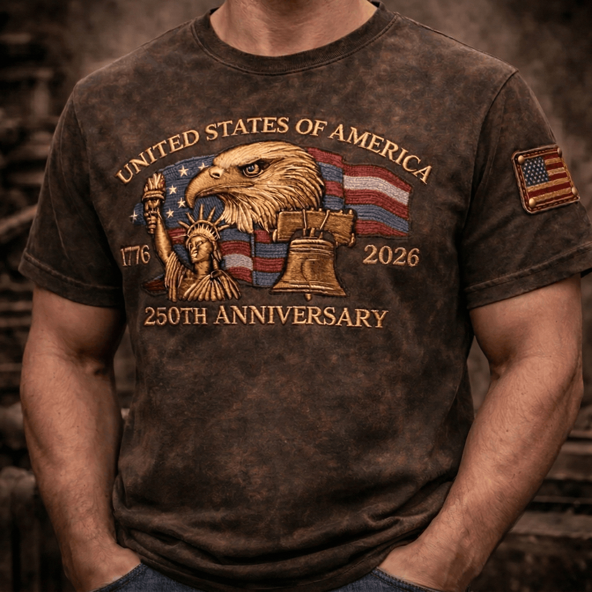 United States Of America 250th Anniversary Printed T Shirt 1776 2026 Patriotic Eagle Vintage Style Gift For Dad Father’s Day