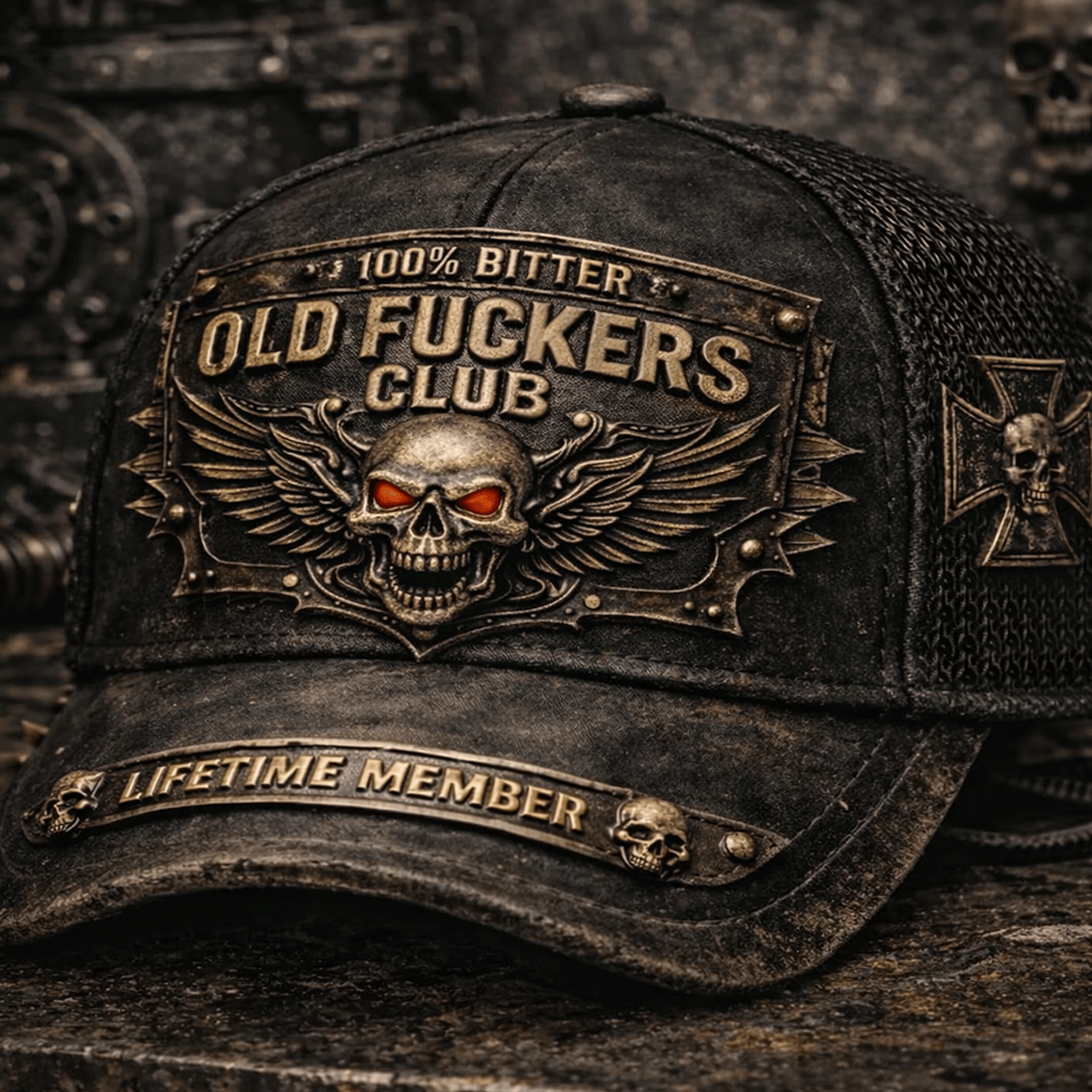 Old Fuckers Club Skull Wings Hat Lifetime Member Vintage Biker Style Classic Skull Design Dark Aged Cap Gift for Dad