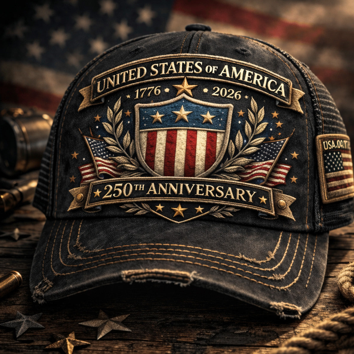 United States of America 1776 2026 250th Anniversary Shield Cap Printed Father Day Gift for Dad Patriotic USA Vintage Hat Design