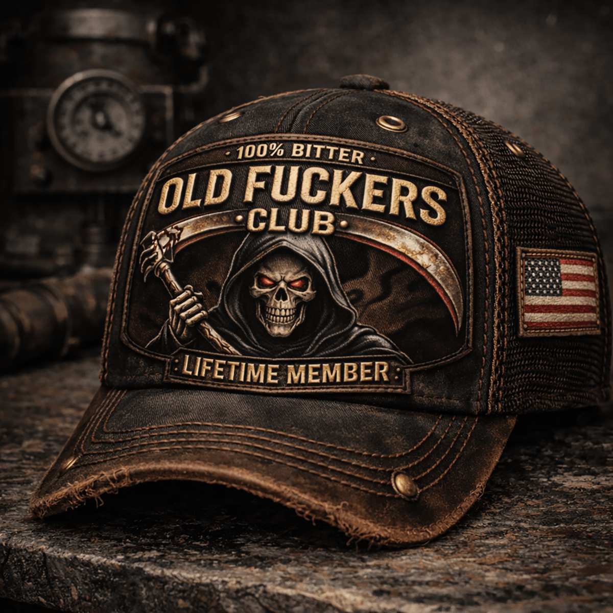 Old Fuckers Club Skull Grim Reaper Printed Cap, Biker Style Vintage USA Flag Hat, Father’s Day Gift for Dad