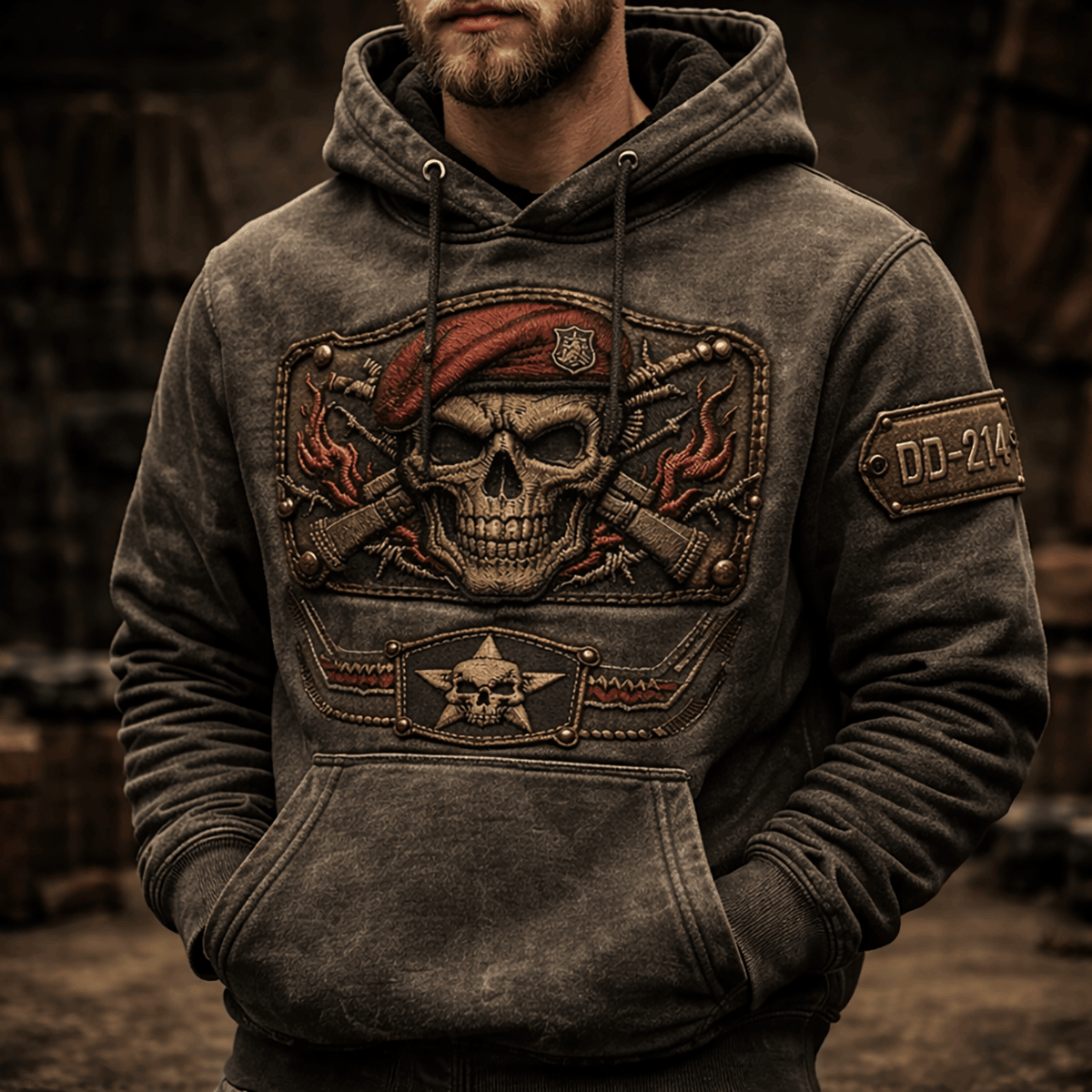 Skull Soldier Printed Hoodie Red Beret Skull Guns Vintage Style USA Flag Tactical Military Gift for Father Day Veteran Dad