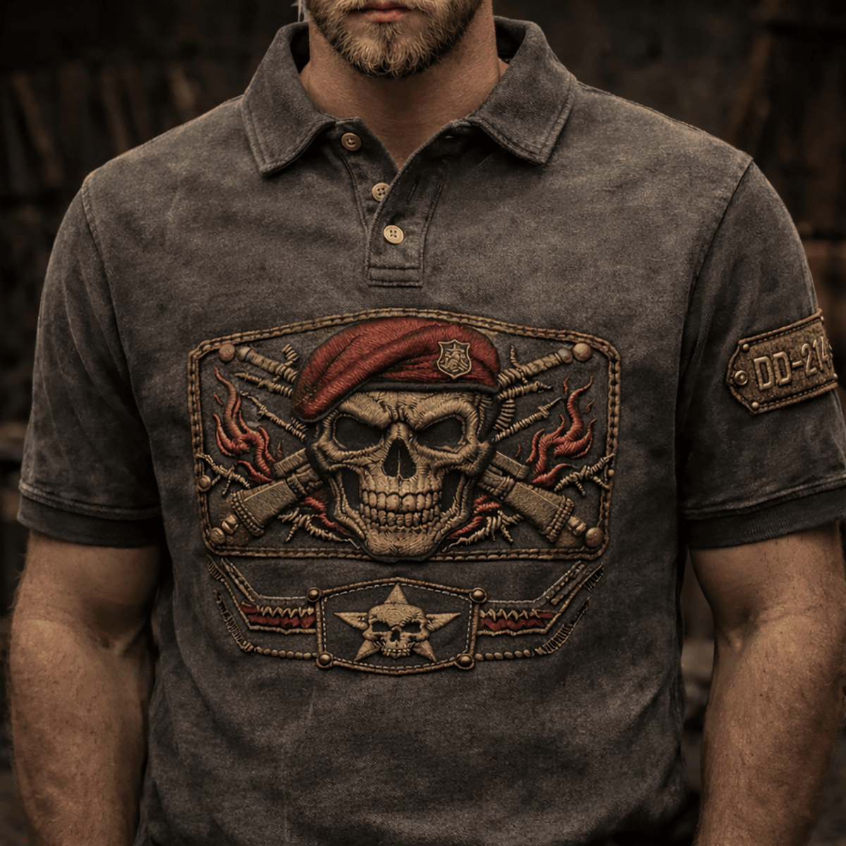 Skull Soldier Printed Polo Shirt Red Beret Skull Guns Vintage Style USA Flag Tactical Military Gift for Father Day Veteran Dad