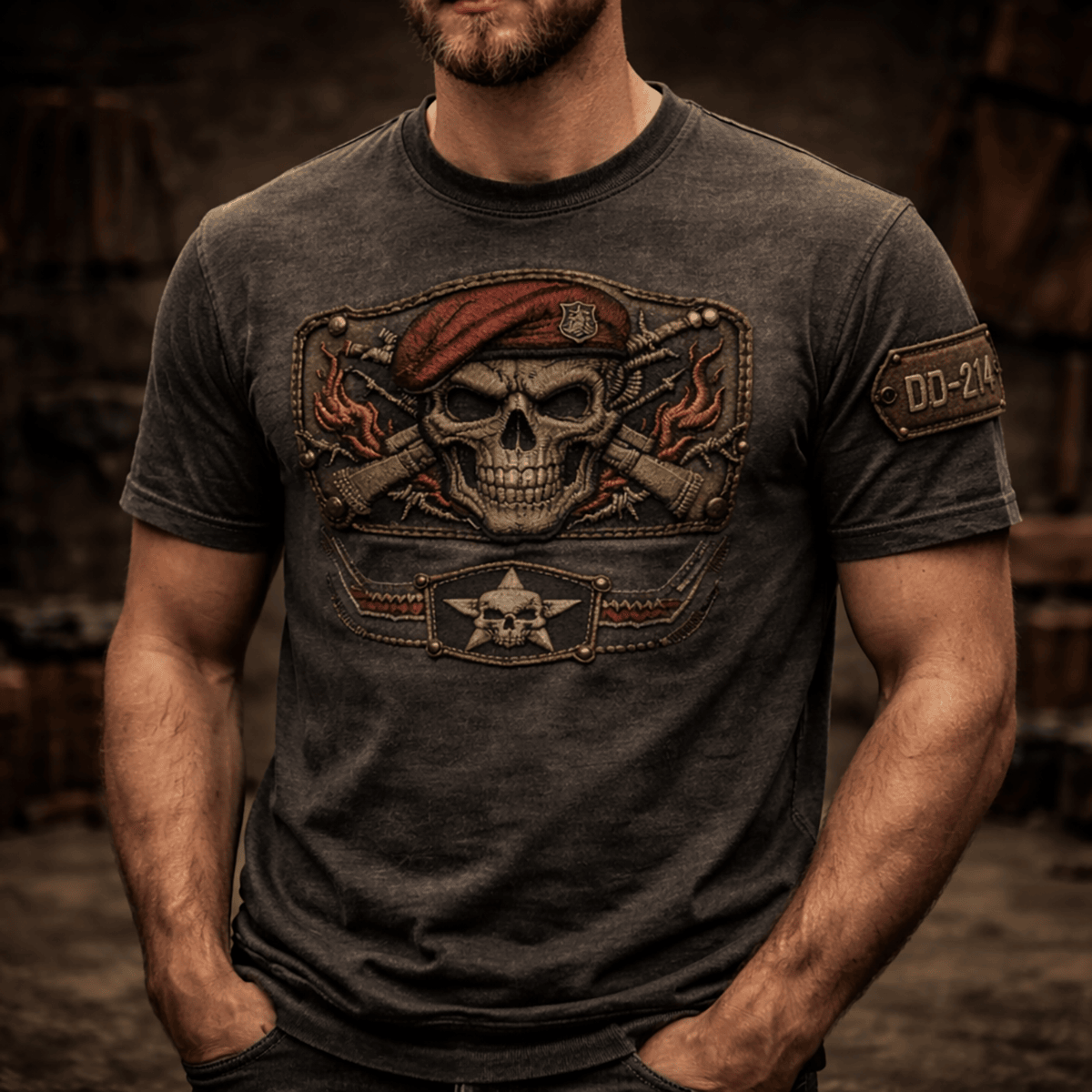 Skull Soldier Printed T Shirt Red Beret Skull Guns Vintage Style USA Flag Tactical Military Gift for Father Day Veteran Dad