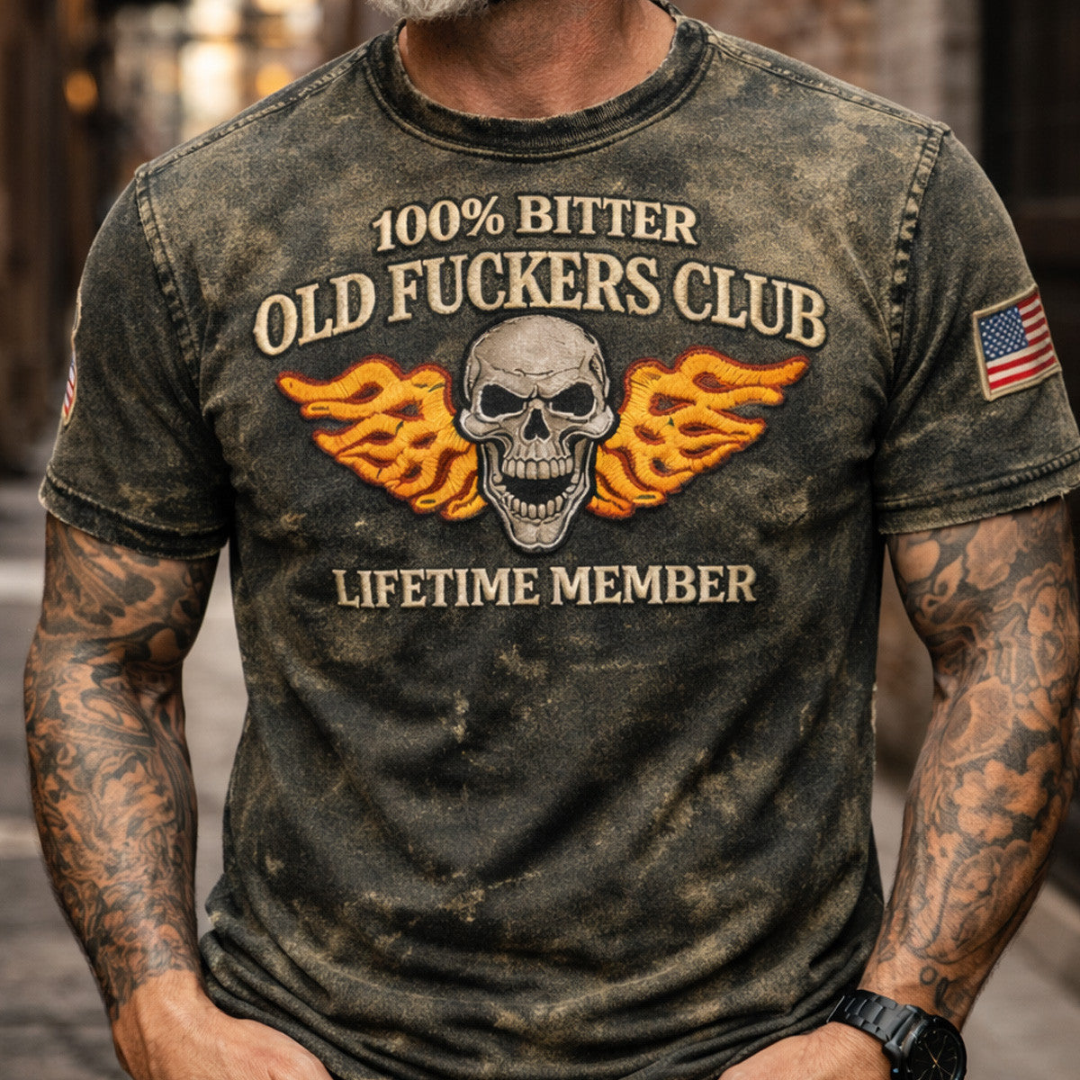 Old Fuckers Club Skull Flame Printed T Shirt Funny Father Day Gift Vintage Biker Shirt for Men Lifetime Member Design