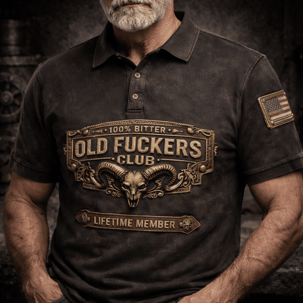 Old Fucker Club Lifetime Member Ram Skull Printed Polo Shirt Vintage Biker Style Funny Quote Gift For Dad Father Day