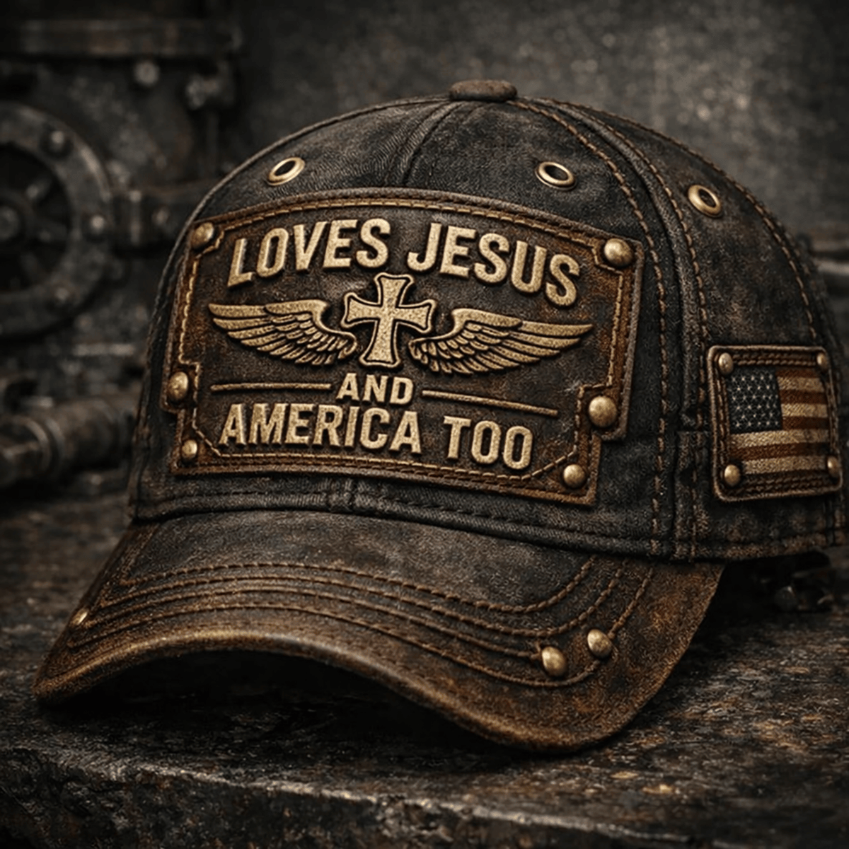 Loves Jesus And America Too Printed Hat Father Day Christian Faith Patriotic Cross Wings Design Vintage Style Cap For Dad