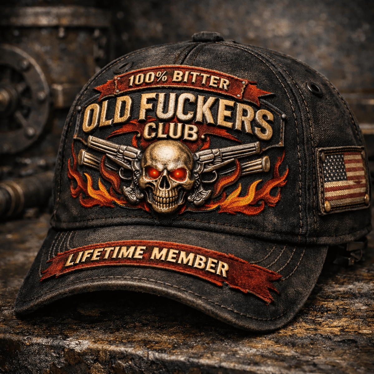Old Fuckers Club Skull Guns Printed Hat Father Day Biker Vintage Flame Design USA Flag Style Cap For Men Lifetime Member