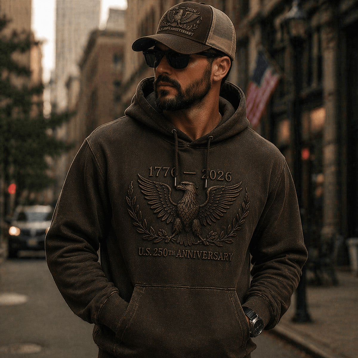 US 250th Anniversary Eagle Printed Hoodie Father Day Patriotic 1776 2026 Vintage Style American Eagle Design