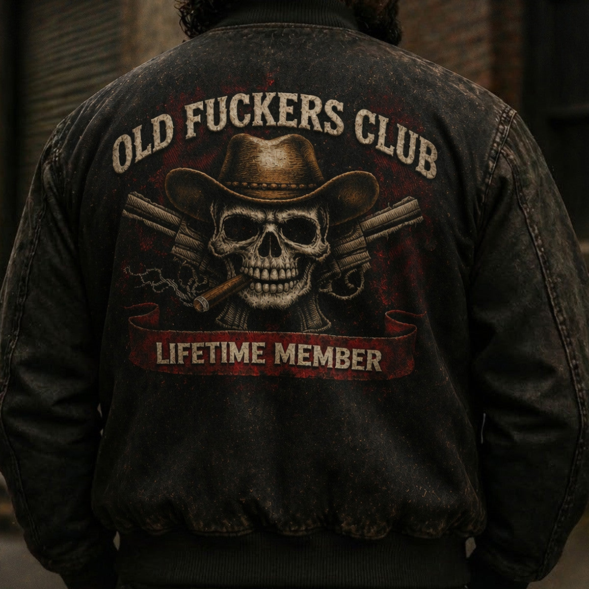 Old Fuckers Club Skull Cowboy Printed Bomber Jacket Father Day Funny Vintage Skull With Cigar Gun Design Lifetime Member Graphic Gift