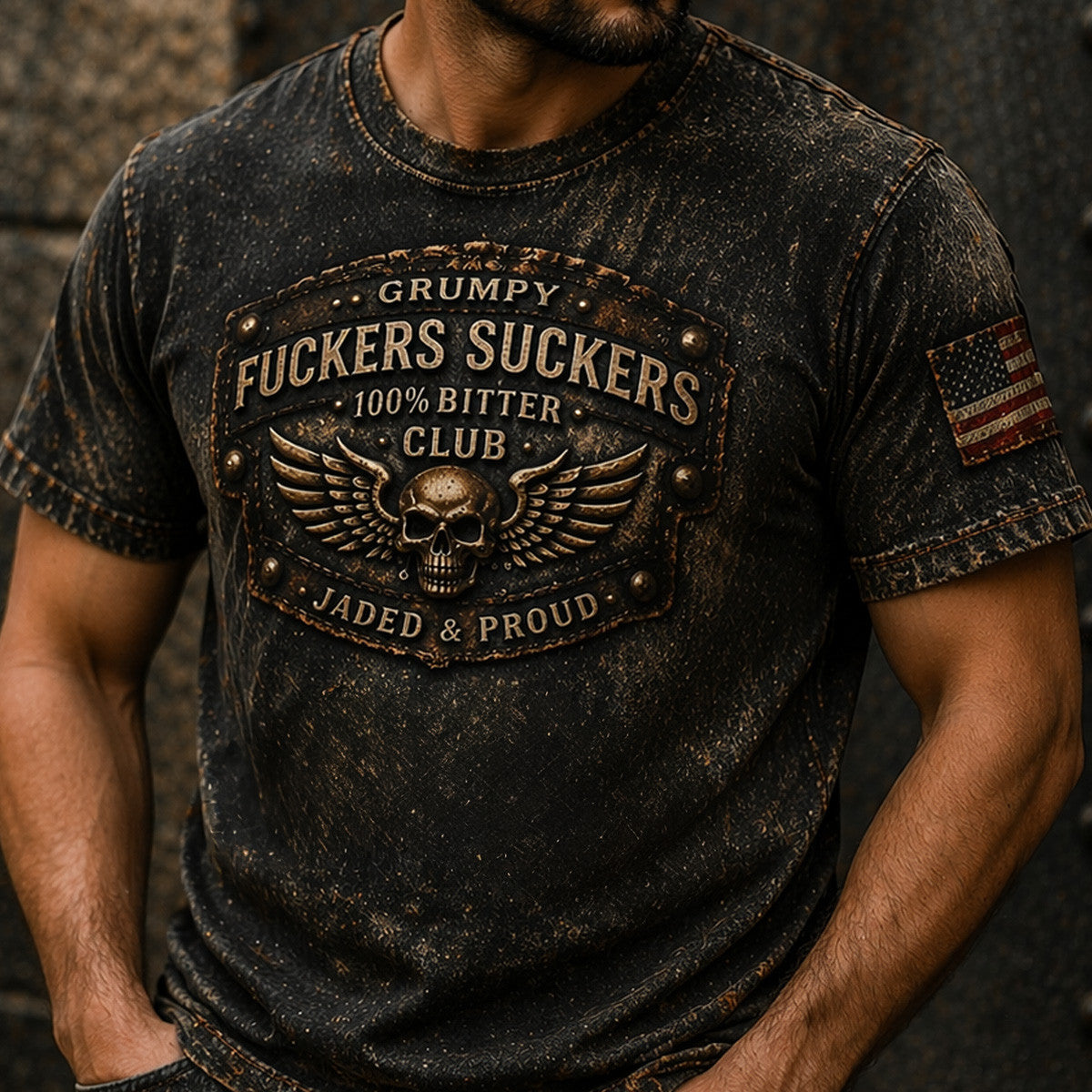 Grumpy Fuckers Suckers Club Printed T Shirt Father Day Skull Wings Biker American Flag Vintage Jaded And Proud Design