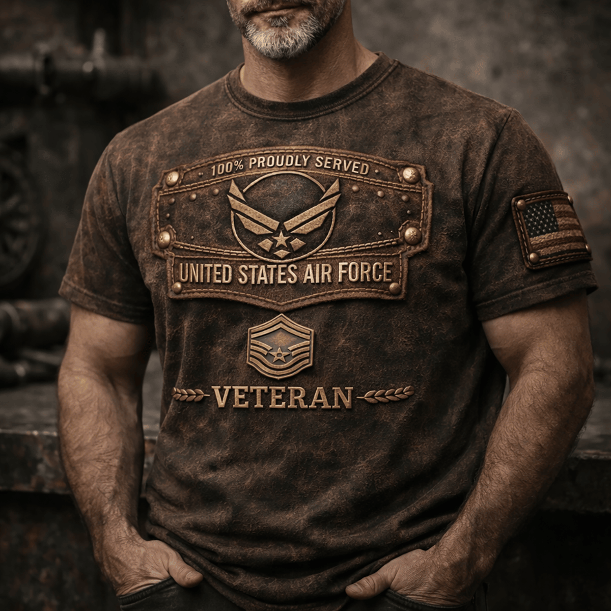United States Air Force Veteran Printed T Shirt Patriotic Badge Design USA Flag Apparel Father Day Gift For Dad Military Style