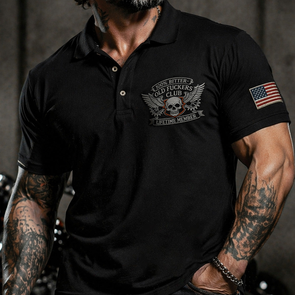 Old Fuckers Club Lifetime Member Printed Polo Shirt Skull With Wings And Fire Design Father Day Gift Funny Old Man Shirt