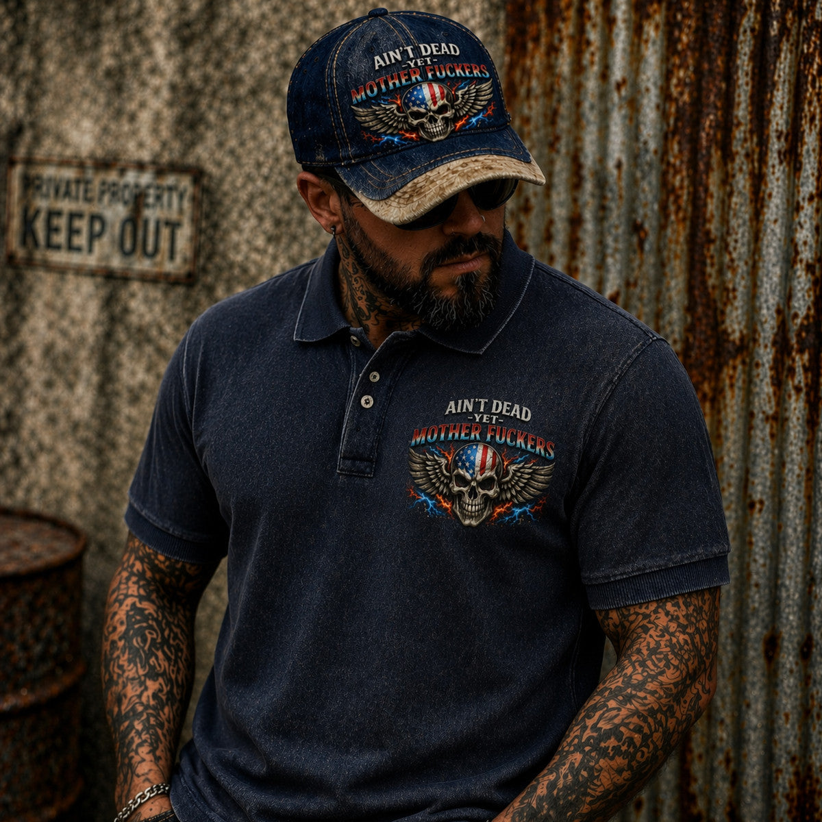 Aint Dead Yet Mother Fuckers Skull USA Flag Wings Lightning Printed Polo Shirt Patriotic Biker Graphic Tee Style Gift For Dad Father Day