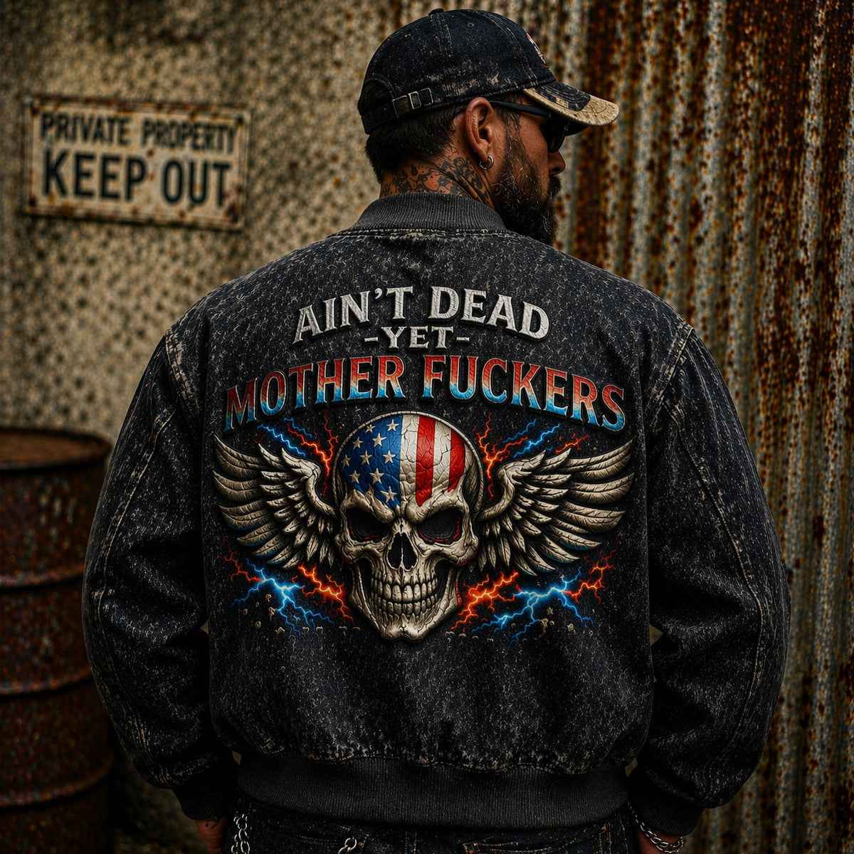 Aint Dead Yet Mother Fuckers Skull USA Flag Wings Lightning Printed Bomber Jacket Patriotic Biker Graphic Funny Gift For Father Day