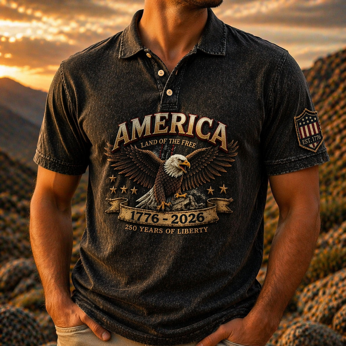 America 1776 2026 Eagle USA Flag 250 Years Of Liberty Printed Polo Shirt Patriotic Independence Day Graphic Tee Style For Father Day