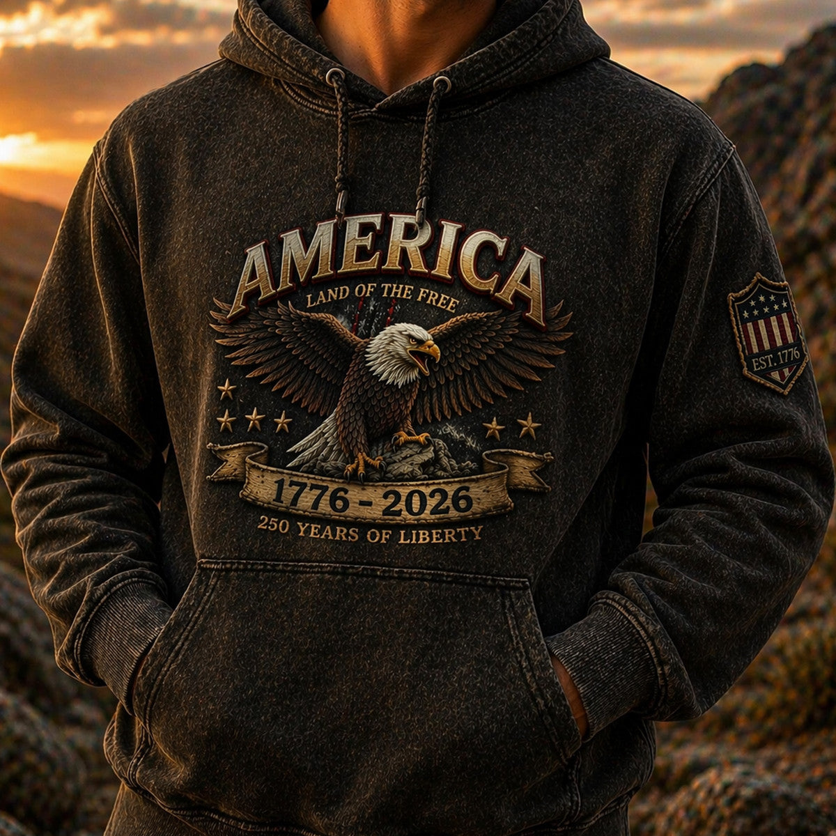 America 1776 2026 Eagle USA Flag 250 Years Of Liberty Printed Hoodie Patriotic Independence Day Gift For Father Day