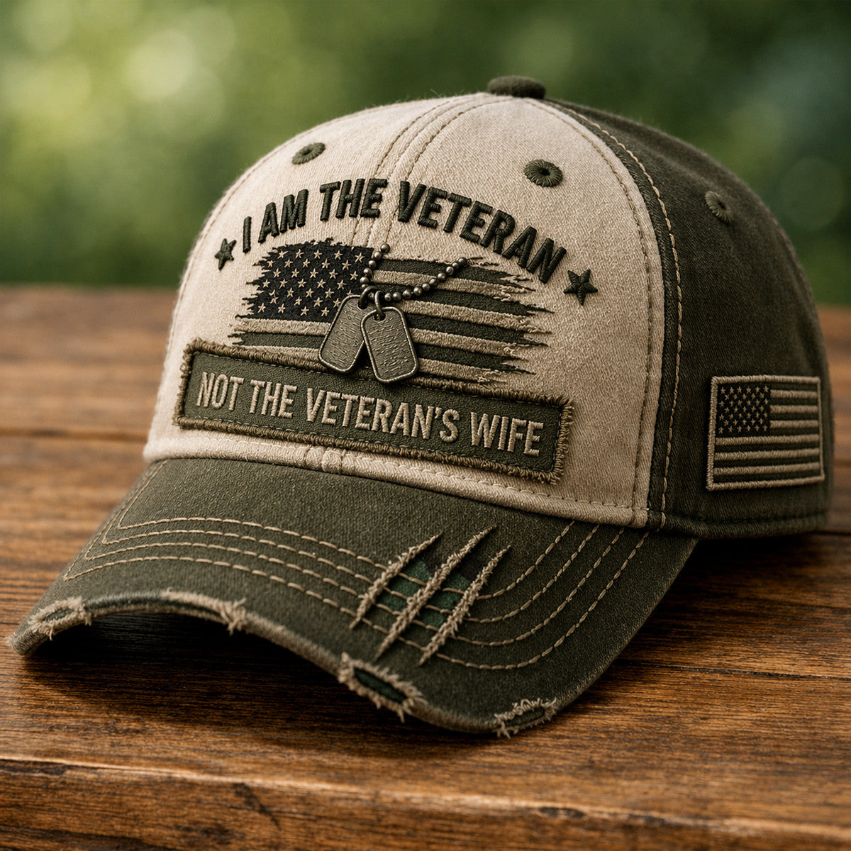 I Am The Veteran Not The Veteran’s Wife USA Flag Dog Tag Printed Cap Gift For Dad Father Day Veteran Hat Patriotic Style