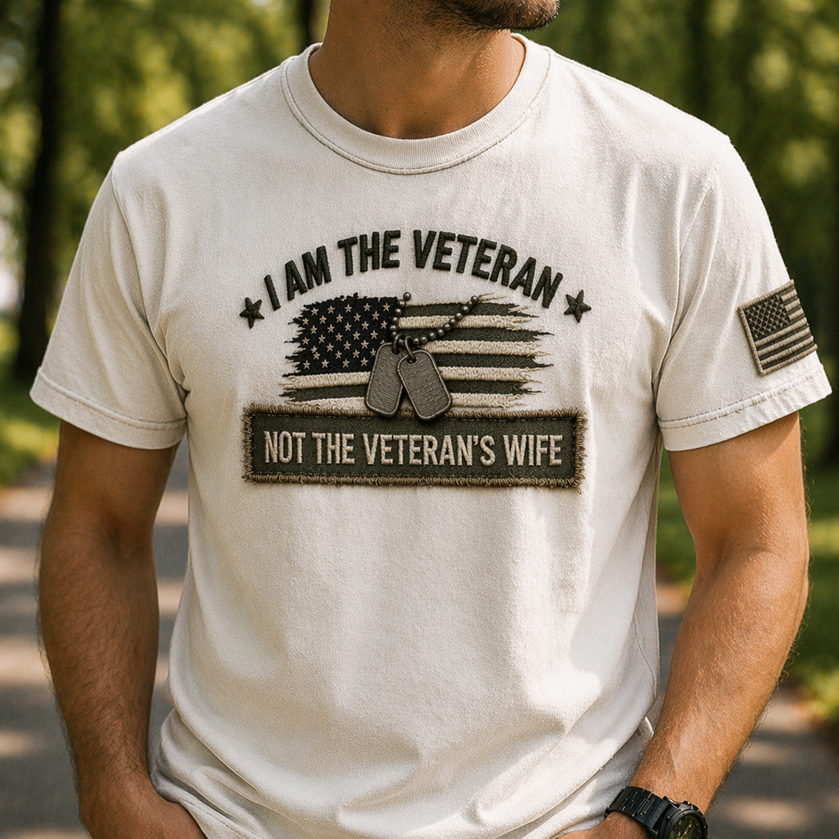 I Am The Veteran Not The Veteran’s Wife USA Flag Dog Tag Printed T Shirt Gift For Dad Father Day Veteran Patriotic Graphic Tee