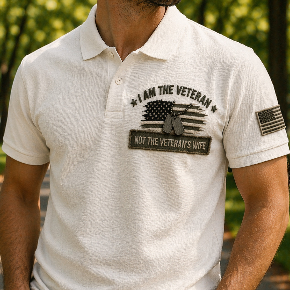 I Am The Veteran Not The Veteran’s Wife USA Flag Dog Tag Printed Polo Shirt Gift For Dad Father Day Veteran Patriotic Style