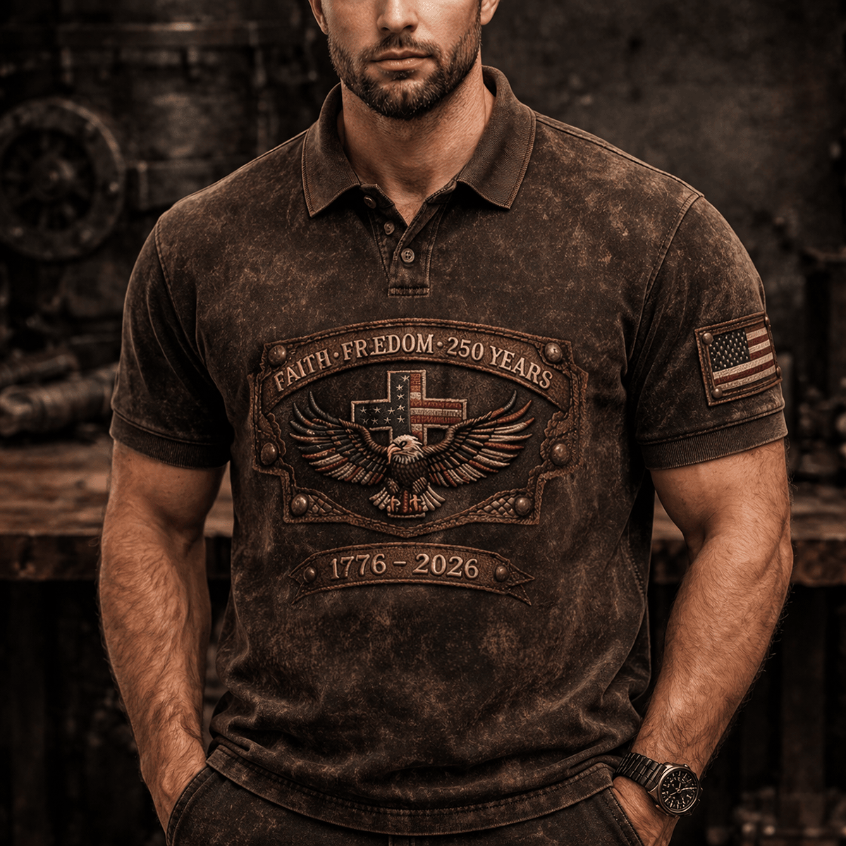 Faith Freedom 250 Years Printed Polo Eagle Cross 1776-2026 Design Father's Day Gift Vintage Patriotic America Polo Shirt