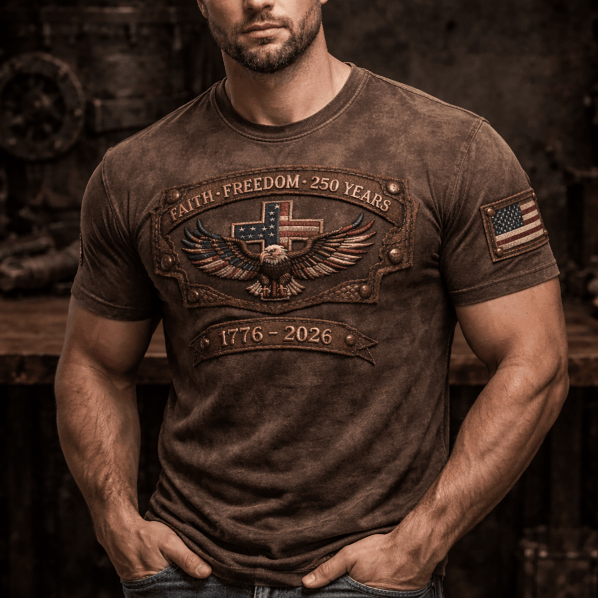 Faith Freedom 250 Years Printed T-Shirt Eagle Cross 1776-2026 Design Father's Day Gift Vintage Patriotic American, Christian Shirt
