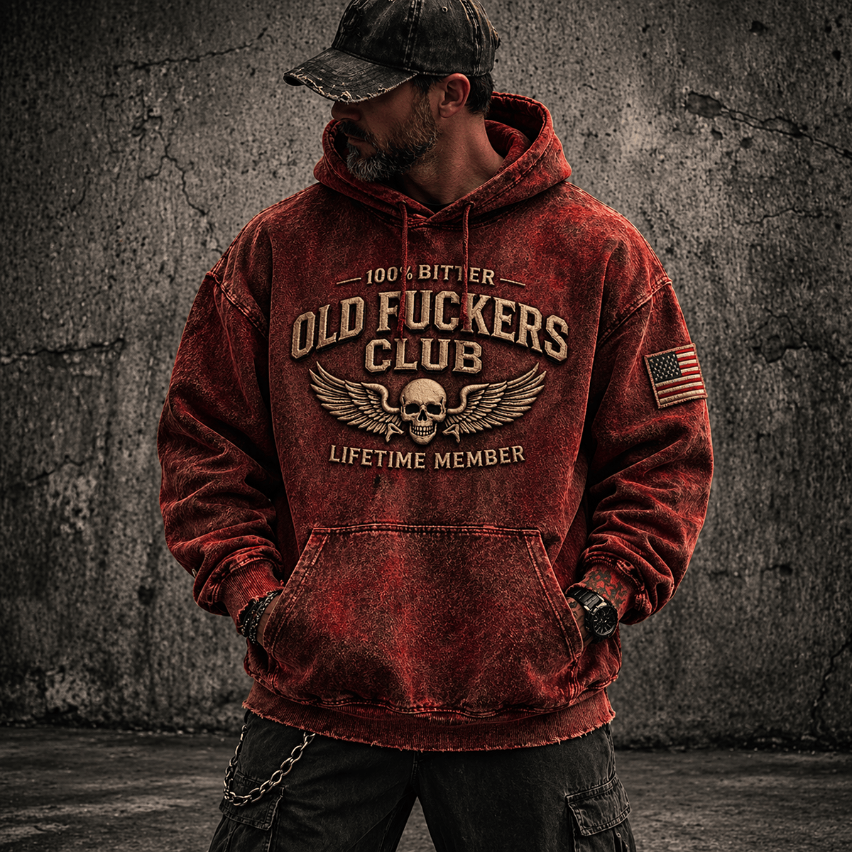 Old Fucker Club Lifetime Member Skull Wings USA Flag Printed Hoodie Father Day Gift for Dad Vintage Biker Style Design
