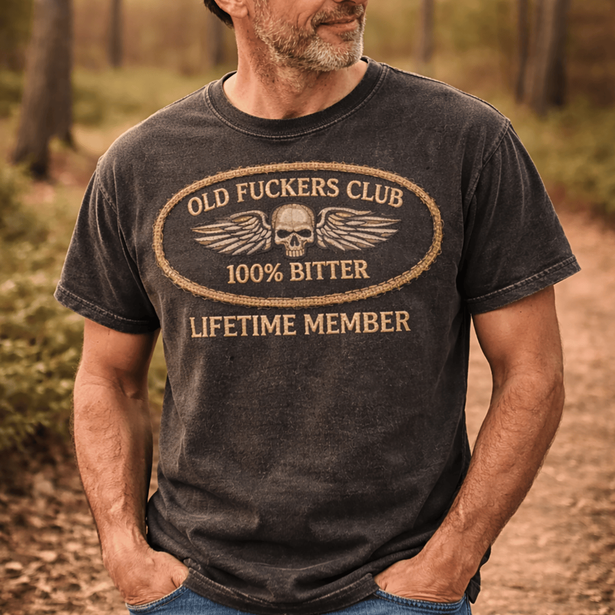 Old Fucker Club Skull Wings Badge Lifetime Member Printed T Shirt Father Day Gift for Dad Vintage Biker Style Graphic Tee