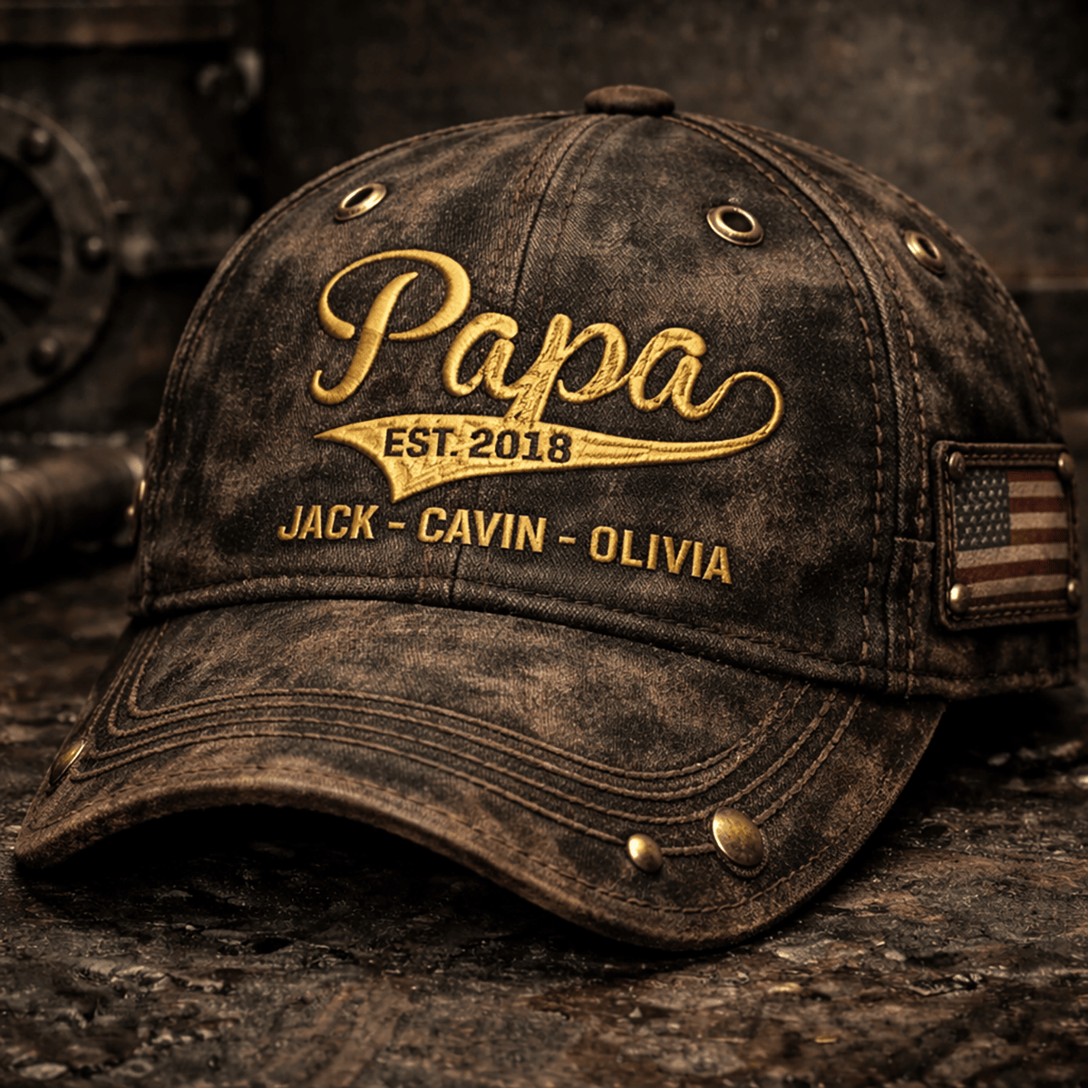Custom Name Papa Est 2018 Printed Cap Vintage Style Script Design USA Flag Father Day Gift For Dad Hat