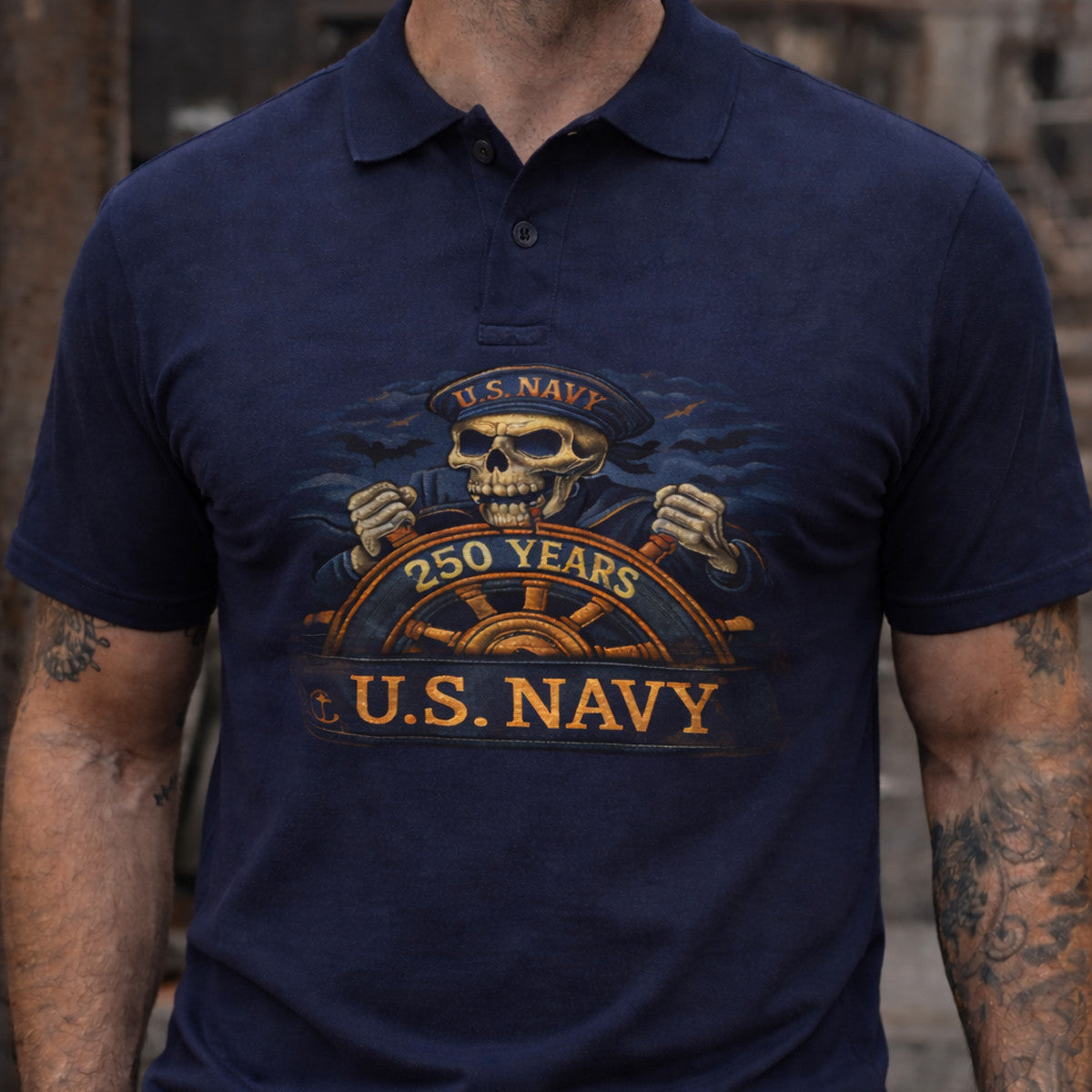 U.S. Navy Skull Captain 250 Years Steering Wheel Printed Polo Shirt Naval Patriotic Father Day Gift for Dad Military Style