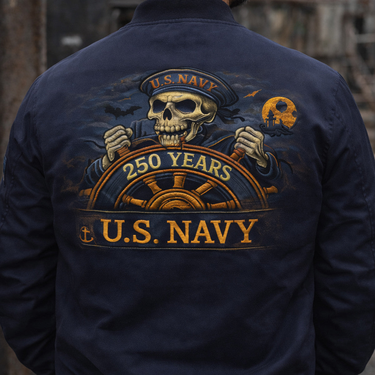 U.S. Navy Skull Captain Steering Wheel 250 Years Printed Bomber Jacket Patriotic Father Day Gift for Dad Veteran Style