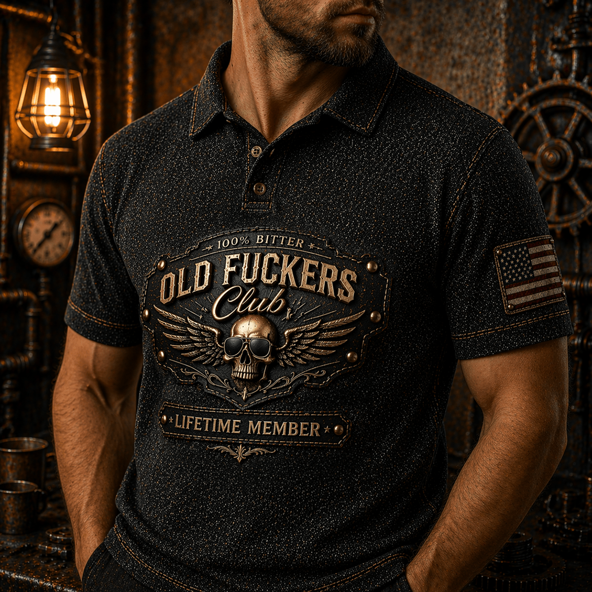 Old Fucker Skull Wing Polo Shirt US Flag Printed Polo Father Day Gift Funny Dad Old Fucker Club Skull Wing Design For Men