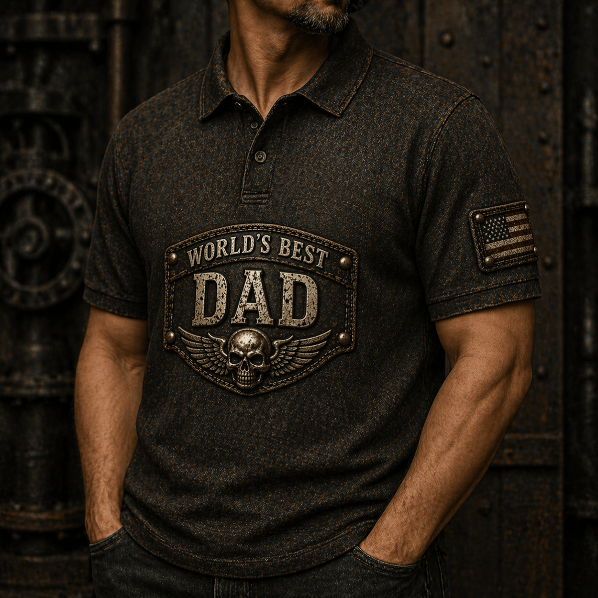 World’s Best Dad Skull Wings Printed Polo Shirt USA Flag Biker Style Father’s Day Gift For Dad Vintage Graphic
