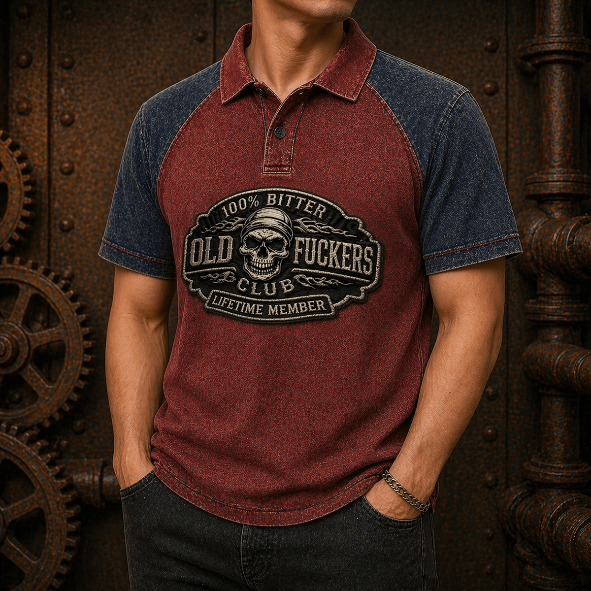 Old Fucker Club Skull Printed Polo Shirt Vintage Biker Style Lifetime Member Design Funny Quote Gift Idea Father’s Day