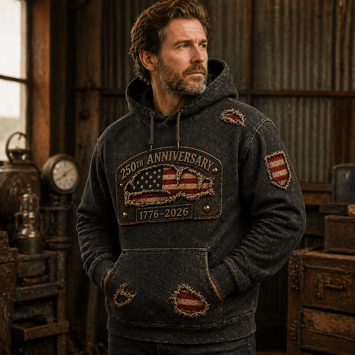 250th Anniversary 1776 2026 USA Flag Printed Hoodie Father Day Gift Patriotic American Vintage Style for Dad Independence Day