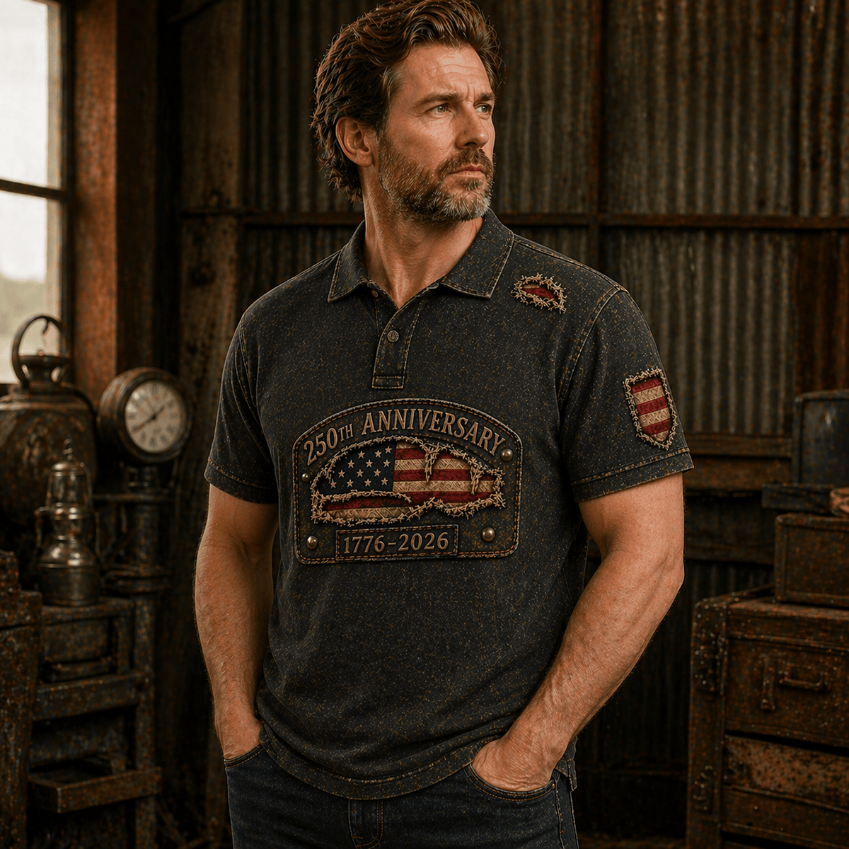 250th Anniversary 1776 2026 USA Flag Printed Polo Shirt Father Day Gift Patriotic American Vintage Style for Dad Independence Day