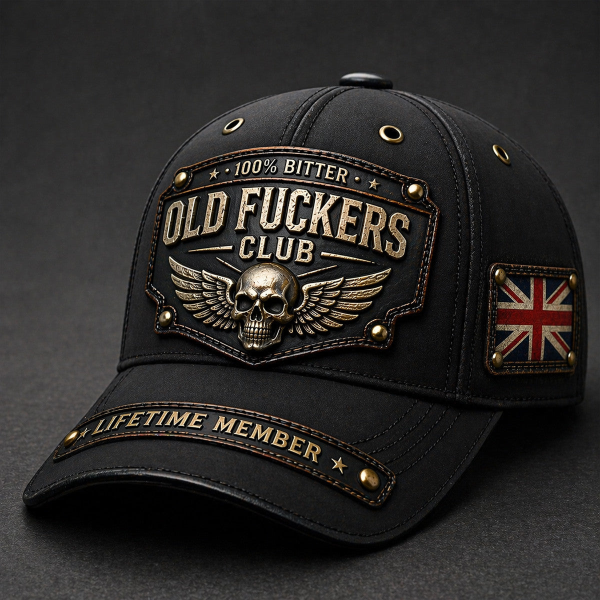 Old Fuckers Club Skull Wings UK Flag Printed Cap Father Day Gift Funny Quote Vintage Style Hat for Dad Biker Humor Design